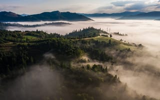 Картинка природа, горы, туман, лес, пейзаж, вода, небо, восход, пейзажный, отдых