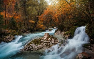 Картинка река, осень, природа, водопад, пейзаж, лес, камни