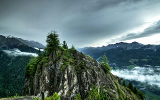 Картинка горы, природа, пейзаж, облака, скалы, лес, мгла