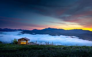 Картинка природа, горы, закат, облака, дом, пейзаж, тишина, красота