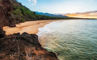 Картинка пляж, море, природа, закат, скалы, пейзаж, отдых
