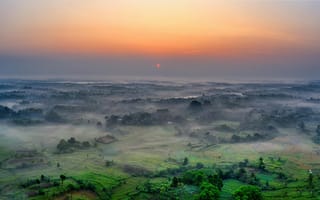 Картинка пейзаж, закат, природа, туман, горы, зелень, мир