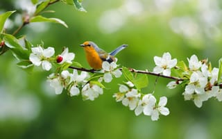 Картинка птица, цветы, природа, весна, зелень, фотография, обои