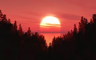 Картинка закат, природа, море, лес, пейзаж, красный, горы