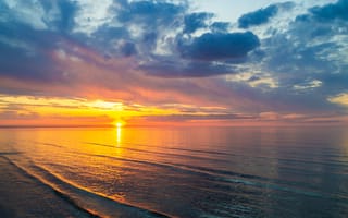 Картинка закат, море, небо, облака, пейзаж, отражение, спокойствие