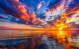 Картинка закат, море, небо, облака, отражение, пейзаж, природа, красота, цвета, спокойствие