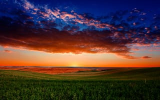 Картинка закат, пейзаж, небо, облака, природа, зелень, поля