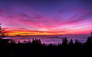 Картинка закат, природа, пейзаж, облака, лес, горы, цвета
