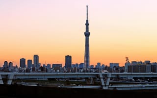 Картинка Токио, Скай Три, город, закат, архитектура, небо, пейзаж