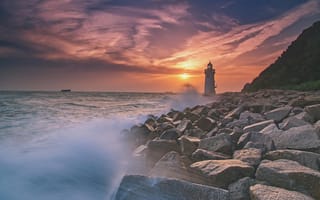 Картинка маяк, закат, море, волны, скалы, природа, пейзаж