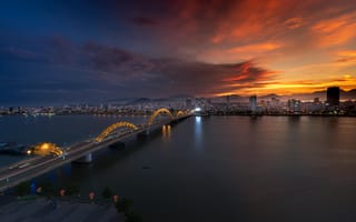 Картинка мост, закат, город, река, пейзаж, ночной, архитектура, свет, небо, водоем