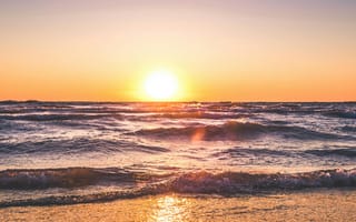 Картинка закат, море, пляж, природа, пейзаж, солнце, водная гладь