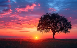 Картинка закат, дерево, природа, пейзаж, небо, цвета, поле