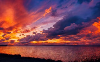 Картинка закат, небо, облака, водоем, природа, пейзаж, цвета