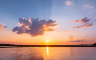 Картинка закат, природа, озеро, облака, небо, отражение, пейзаж