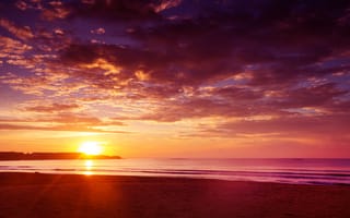 Картинка закат, море, пейзаж, небо, облака, пляж, природа