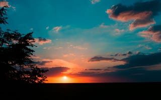 Картинка закат, небо, облака, природа, пейзаж, деревья, цвета