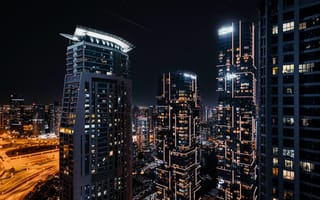 Картинка город, ночь, небоскребы, освещение, архитектура, пейзаж, современный