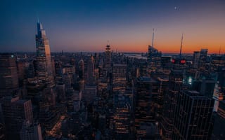 Картинка город, небо, закат, неон, архитектура, пейзаж, ночь, свет, высотки, метрополия