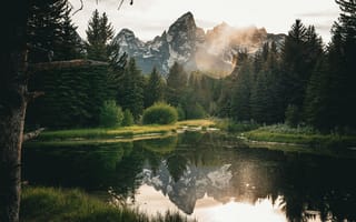 Картинка природа, горы, озеро, лес, отражение, пейзаж, закат