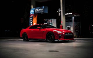 Картинка автомобиль, спорткар, красный, ночь, газовая станция, дизайн, мощность