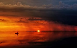 Картинка закат, море, лодка, облака, отражение, пейзаж, природа