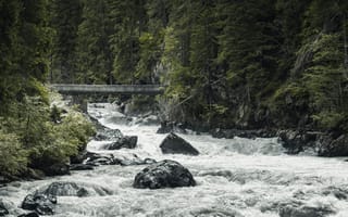 Картинка река, природа, мост, камни, лес, пейзаж, водопад