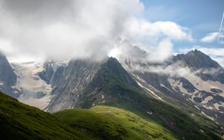 Картинка горы, природа, пейзаж, облака, зелень, альпийский, скалы, небо