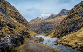 Картинка горы, природа, пейзаж, река, долина, зима, скалы, облака, пешеходная тропа, ледник