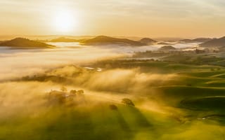 Картинка пейзаж, рассвет, туман, природа, горы, долина, солнце