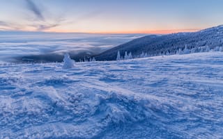 Картинка зима, снег, горный пейзаж, закат, природа, холод, облака