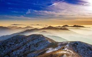Картинка горы, пейзаж, природа, облака, закат, туман, снег