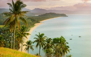 Картинка пейзаж, пляж, пальмы, море, природа, горы, закат