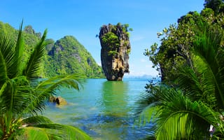 Картинка природа, остров, море, пейзаж, пальмы, горы, отдых
