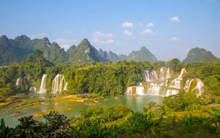 Картинка водопады, природа, горы, озеро, пейзаж, зелень, лето