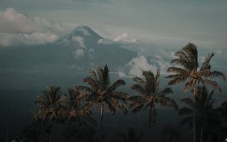 Картинка горы, пальмы, природа, пейзаж, облака, вулкан, закат
