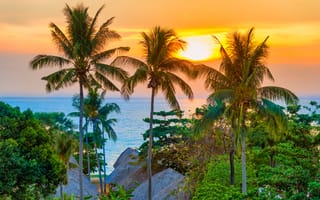 Картинка пейзаж, закат, пальмы, море, природа, отдых, тропики