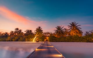 Картинка пляж, закат, пальмы, море, пейзаж, отдых, природа