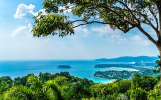 Картинка пейзаж, море, природа, деревья, остров, небо, отдых, пляж, горы, солнце