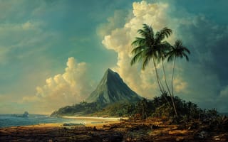 Картинка пейзаж, гора, пальмы, море, облака, остров, природа, отдых