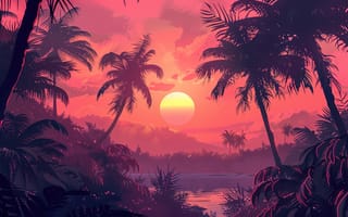 Картинка пейзаж, закат, пальмы, природа, тропики, океан, живопись