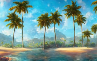 Картинка пальмы, пляж, океан, пейзаж, тропики, природа, солнце