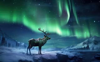 Картинка олень, северное сияние, зима, природа, пейзаж, ночное небо, горы