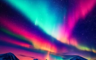 Картинка северное сияние, ночное небо, горы, звезды, природа, пейзаж, цвета