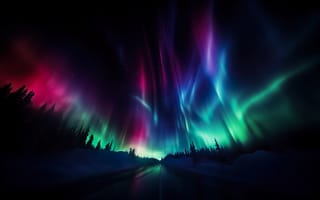 Картинка северное сияние, ночное небо, природа, пейзаж, звезды, цвета, зима