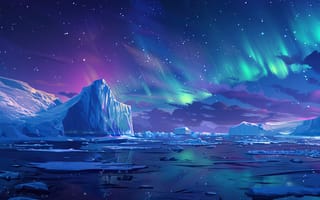 Картинка северное сияние, ледники, ночное небо, пейзаж, арктика, звезды, природа