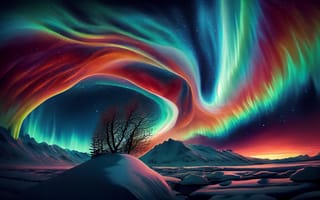 Картинка северное сияние, природа, пейзаж, ночное небо, горы, зима, цвета