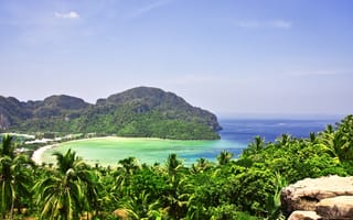 Картинка пейзаж, море, пляж, горы, природа, тропики, отдых