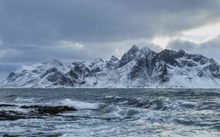 Картинка горы, море, зима, пейзаж, природа, снег, облака