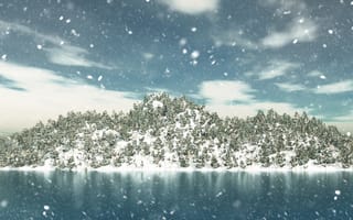 Картинка зима, снег, природа, озеро, лес, пейзаж, горы